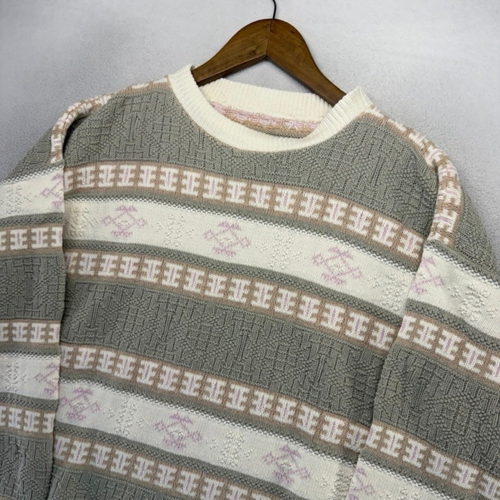 Vintage Knit Sweater Mens Large White Green Pastels Grandpa Grandma Textured 90s